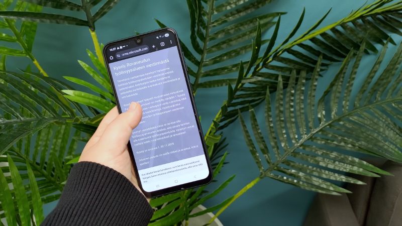 Käsi pitelee älypuhelinta, jossa on avattuna Rovaseudun työllisyysalueen viestintään liittyvä kysely. Taustalla on suurikokoinen viherkasvi ja turkoosi seinä.