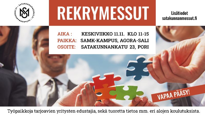 Rekrymessut SAMK-kampuksella Porissa 11.11. klo 11–15. Mainoskuvassa kädet kokoavat palapelin paloja; tapahtumaan on vapaa pääsy.