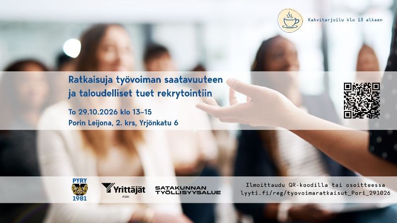 Mainos 29.10.2026 Porissa pidettävästä tapahtumasta työnantajille, jossa kerrotaan rekrytointiratkaisuista ja taloudellisista tuista, yhteistyötahojen logot, qr-koodi ja linkkitieto ilmoittautumiseen. 