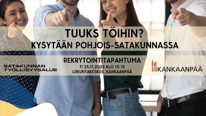 Neljä henkilöä osoittaa sormella kameraan päin. 
