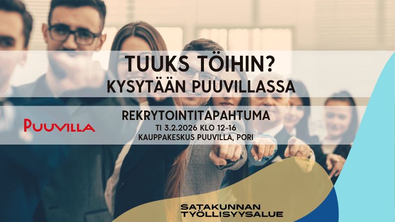 Kahdeksan ihmistä osoittaa sormella kameraan, tuuks töihin kysytään Puuvillassa, rekrytointitapahtuma tiistaina 3.2.2026 klo 12-16.