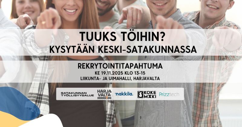 Useampi henkilö osoittaa sormella kameraan, tekstinä tuuks töihin? kysytään keski-satakunnassa.