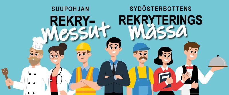 Suupohjan rekrymessut. Sydösterbottens rekryteringsmässa. Piirroskuva eri ammattialojen edustajista.