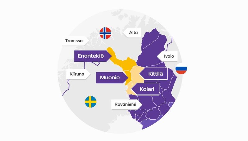 Kartta Tunturi-Lapin alueesta ja lähialueista.