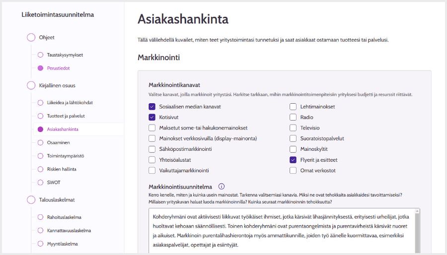 Työkalun näkymä Asiakashankinta-välilehdeltä.