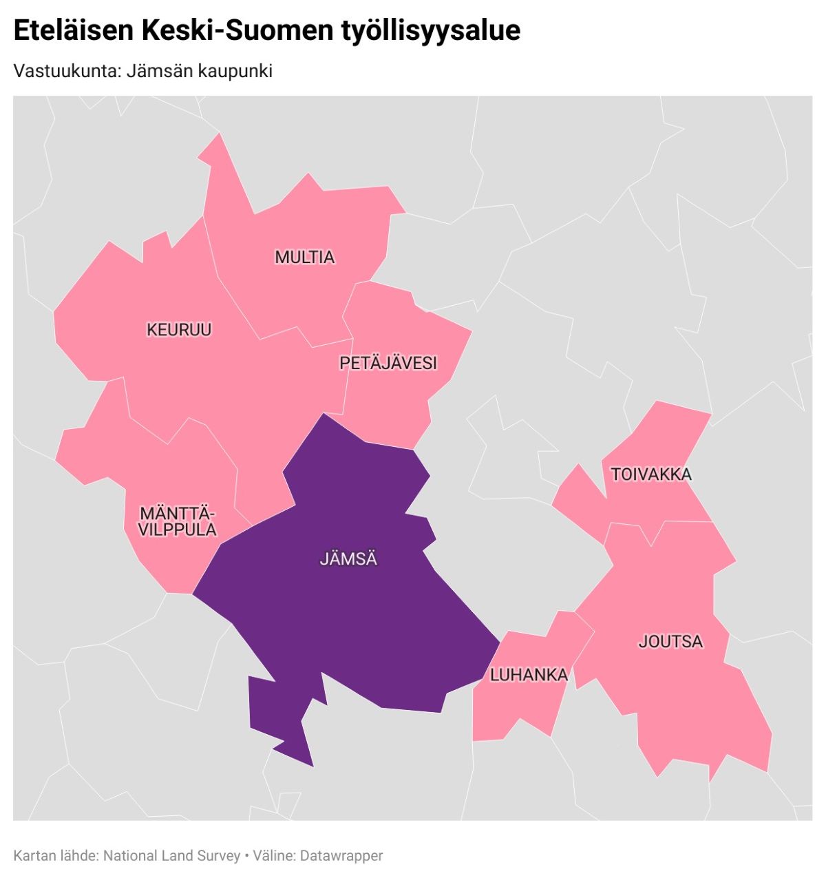 Kartta - Eteläisen Keski-Suomen työllisyysalue, vastuukunta Jämsän kaupunki