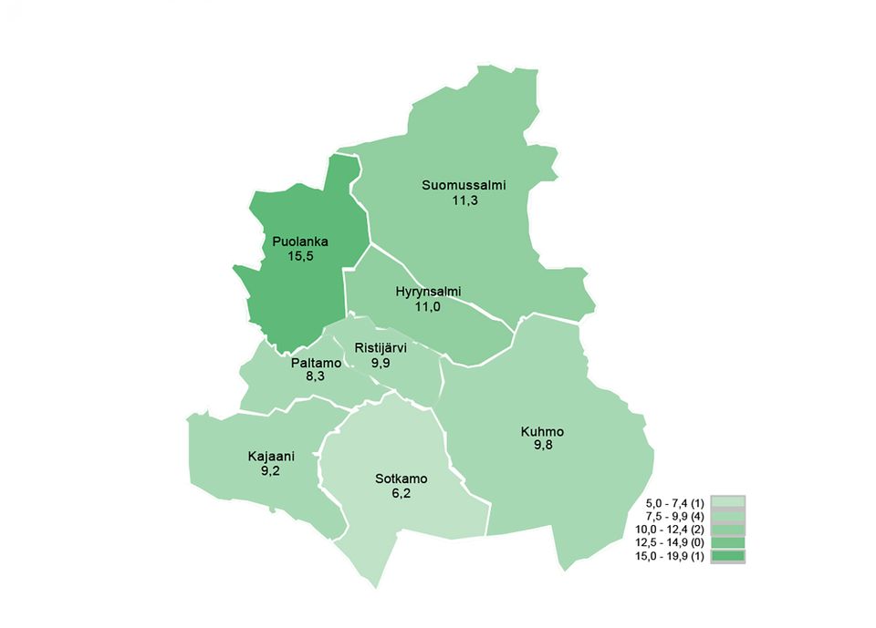 Työttömien työnhakijoiden osuus työvoimasta kunnittain Kainuussa syyskuussa 2024. Kajaani 9,2. Sotkamo 6,2. Kuhmo 9,8. Ristijärvi 9,9. Paltamo 8,3. Hyrynsalmi 11,0. Puolanka 15,5. Suomussalmi 11,3.