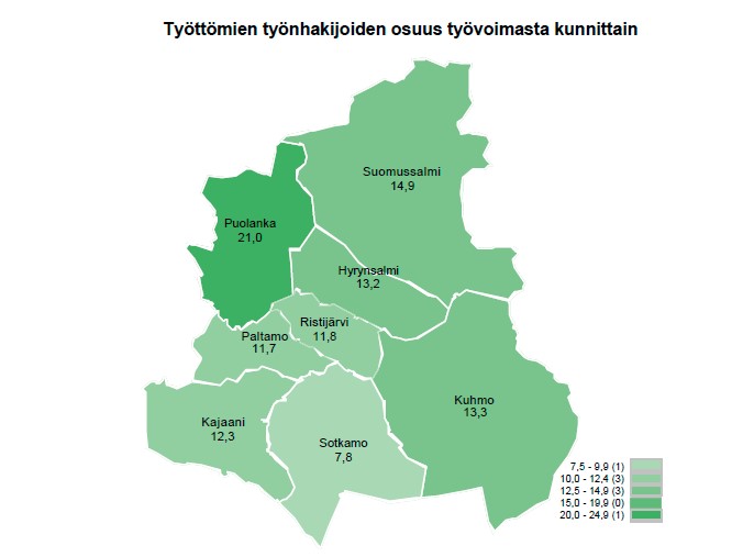 Työttömien työnhakijoiden osuus työvoimasta kunnittain Kainuussa joulukuussa 2024. TEM Työllisyyskatsaus, Kainuu. Suomusalmi 14,9, Puolanka 21,0, Hyrynsalmi 13,2, Ristijärvi 11,8, Paltamo 11,7, Kuhmo 13,3, Sotkamo 7,8, Kajaani 12,3.