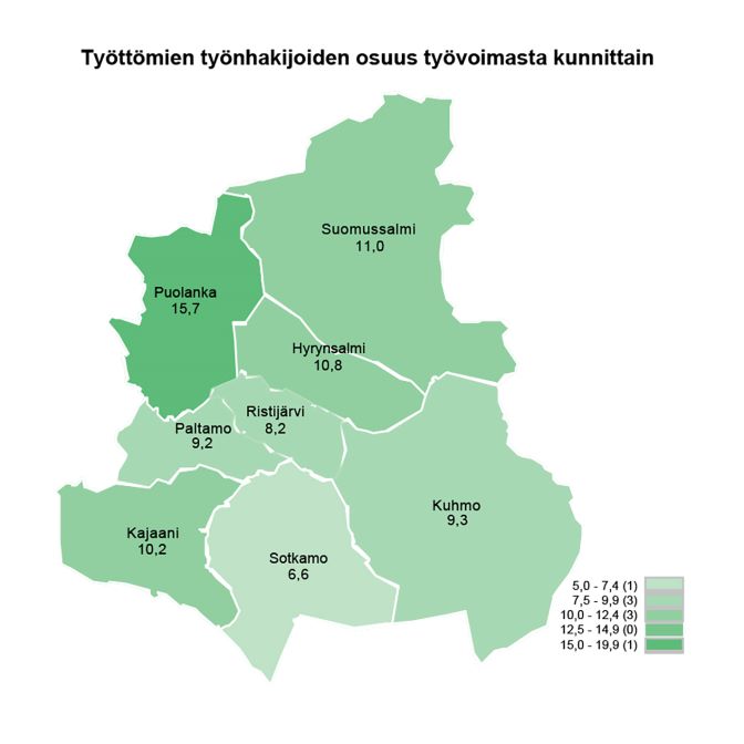 Työttömien työnhakijoiden osuus työvoimasta kunnittain Kainuussa kesäkuussa 2024. Kajaani 10,2. Sotkamo 6,6. Kuhmo 9,3. Paltamo 9,2. Ristijärvi 8,2. Hyrynsalmi 10,8. Suomusalmi 11,0. Puolanka 15,7.