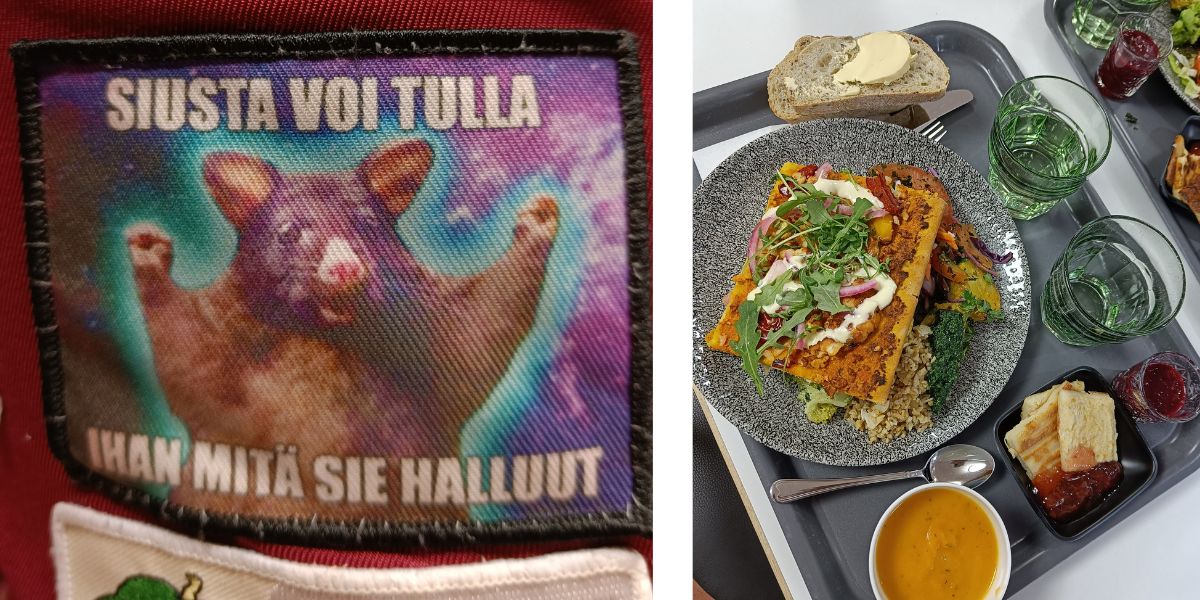 Siusta voi tulla, ihan mitä sie halluut -teksti haalarimerkissä ja kuva lounaasta yliopistolla.