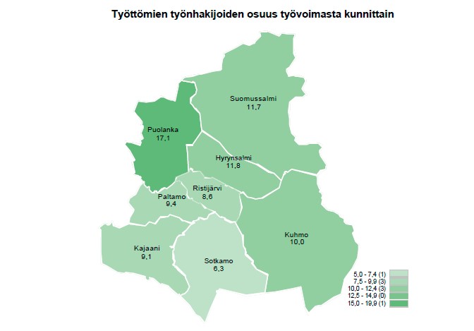 Työttömien työnhakijoiden osuus työvoimasta kunnittain Kainuussa toukokuussa 2024. Kajaani 9,1. Sotkamo 6,3. Kuhmo 10,0. Paltamo 9,4. Ristijärvi 8,6. Hyrynsalmi 11,8. Suomusalmi 11,7. Puolanka 17,1.